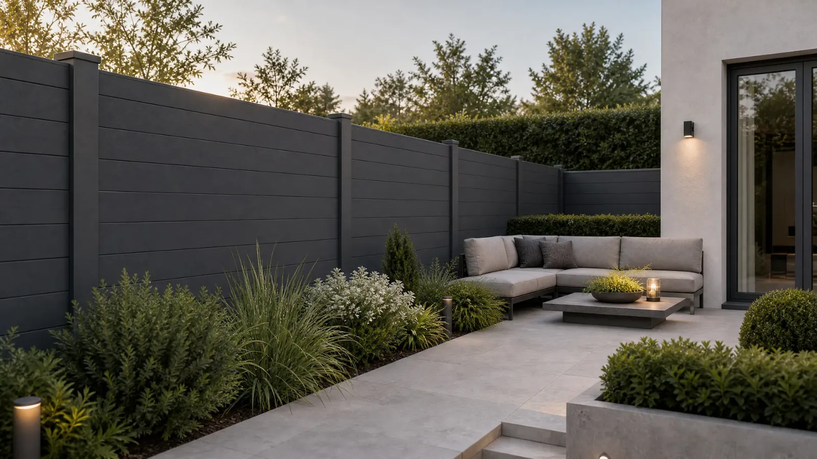 Anthracite grey aluminium privacy fencing around a garden patio